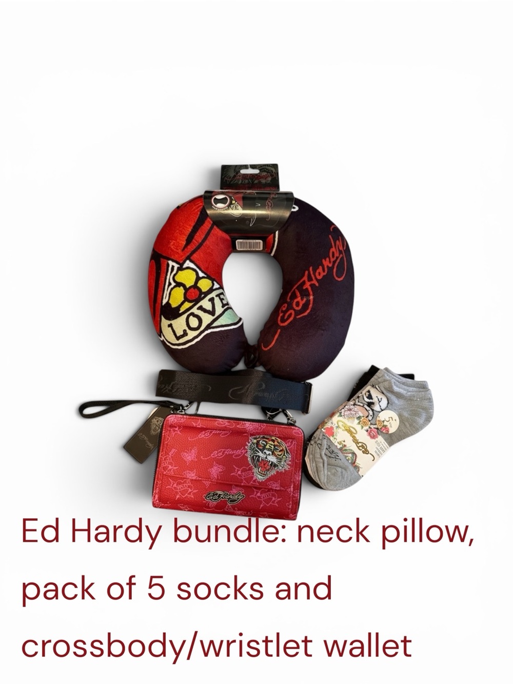Ed Hardy bundle: neck pillow,5pks socks and Crossbody Wallet / Wristlet,NWT